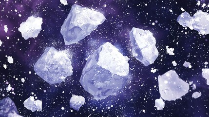 Poster - Enchanting ice crystals floating gracefully in the air with a dramatic spotlight effect in a cosmic celestial atmosphere