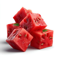 Wall Mural - Realistic juicy watermelon cubes with vibrant red color and visible texture fresh tropical fruit snack or dessert concept isolated on transparent background. isolated white background