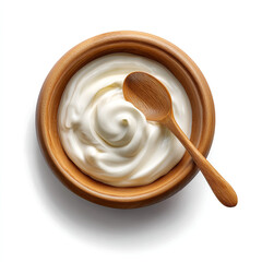 Wall Mural - Realistic top view of wooden bowl filled with smooth sour cream and wooden spoon perfect for food design elements isolated on transparent background. isolated white background