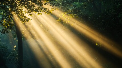 Poster - Gorgeous illustration of sunlight shining through lush trees creating a warm and inviting atmosphere with vibrant golden rays and shadows