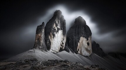 Poster - Two towering mountains silhouetted against the night sky illuminated by stars creating a majestic scene in the soft diffused light