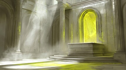 Poster - Majestic large building featuring a striking statue surrounded by intense harsh light in a futuristic sci-fi environment
