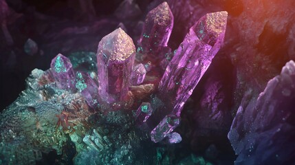Poster - Stunning collection of crystals radiating light in a soft ambient fantasy world filled with mythical crystal formations and colors
