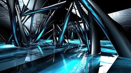 Poster - Futuristic architectural marvel featuring striking blue light reflections in a surreal dreamlike environment of vanishing structures
