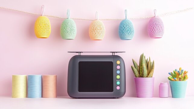 Pastel Easter Eggs and Retro 3D Printer Mockup