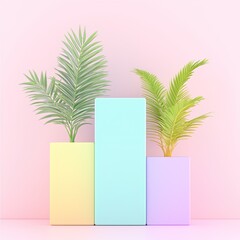 Poster - Pastel Geometric Shapes with Tropical Plants on a Pink Background