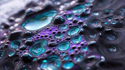 Poster - Water droplets on a surface captured in macro photography with volumetric lighting to reveal the intricate beauty and texture of nature