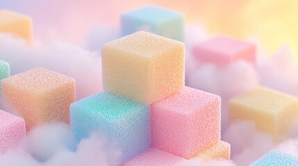 Poster - Pastel Glitter Cubes Floating on Clouds