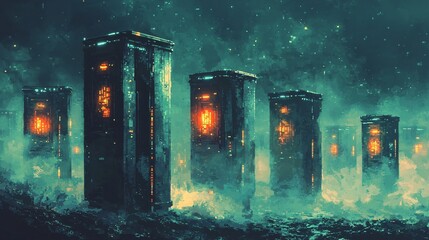 Poster - A modern cityscape featuring numerous tall buildings in the heart of the urban environment with a sci-fi touch and teleportation relay towers
