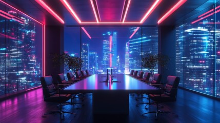 Neon themed conference room with vibrant city skyline in the background image