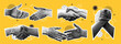 © Rudzhan - Halftone retro stickers with handshakes. Vintage patch set with hands of entrepreneurs and partners reaching out to each other. Agreement and deal. Realistic vector illustration isolated on background