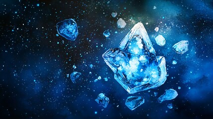Poster - A striking blue ice cube captured in a soft ambient glow evoking a cool atmosphere and celestial beauty in a unique perspective