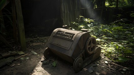 Poster - Abstract machine surrounded by lush green forest with unpredictable natural formations illuminated by radiant sunlight