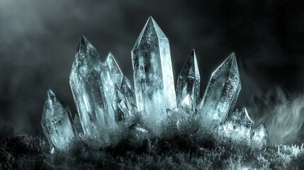 Poster - Beautiful crystal cluster showcasing intricate formations and moody shadows in a mystical fantasy world setting