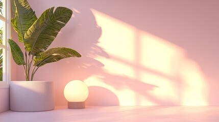 Leinwandbilder - Pastel Pink Room Interior with Tropical Plant and Soft Light