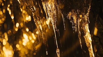 Poster - Enchanting waterfall cascading down rocks with dripping water surrounded by lush greenery in a dreamlike fantasy world setting