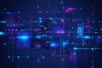 Poster - ブルーとピンクの光るデジタル技術グリッド抽象背景 未来的なデザインの幾何学的要素