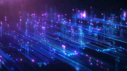 Aufkleber - 青と紫の抽象的なデジタルデータの視覚化 明るい光の線と点 ネットワークと未来的な背景