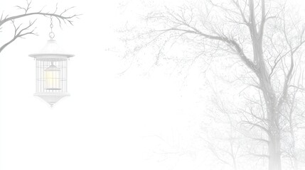 Poster - Pencil Drawing of Birdcage Transforming into Tree Branches in Winter