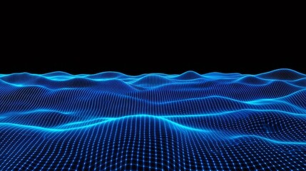 Aufkleber - 青い輝くドットが描く抽象的な波模様 黒背景に光るデジタルグラフィックデザイン
