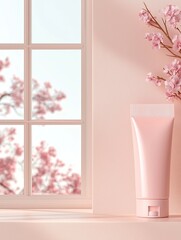 Leinwandbilder - Pink Cosmetic Tube on Beige Surface with Blossoms