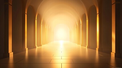 Poster - Captivating illustration of a hallway brightened by light streaming through ancient arches creating an ethereal atmosphere and mystical glow