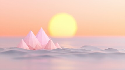 Poster - Pink Polygonal Pyramids in a Calm Ocean at Sunset