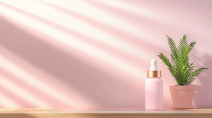 Leinwandbilder - Pink Serum Bottle and Plant on Wooden Shelf in Soft Sunlight