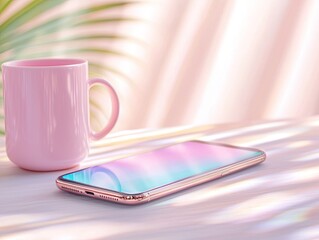 Leinwandbilder - Pink Smartphone and Pastel Pink Mug on White Table with Soft Sunlight