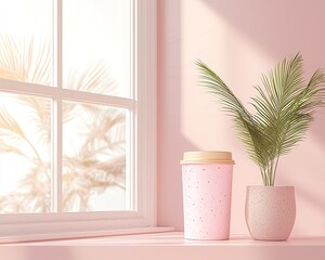 Leinwandbilder - Pink Speckled Coffee Cup and Potted Plant on Pink Windowsill