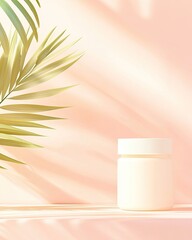 Leinwandbilder - Recyclable Cosmetic Jar with Glass Texture and Green Palm Leaf on Pink Background