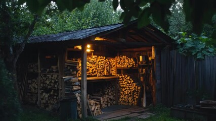 Poster - A wooden shed filled with wood and storage containers
