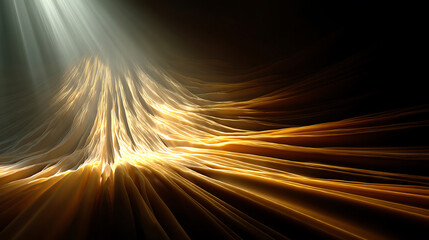 Poster - Abstract golden fractal landscape with light rays shining down on a wavy surface in a dark ambiance creating a fantasy world