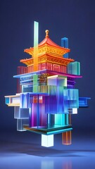 Poster - 抽象的な多層構造のカラフルなタワーデザイン 夜空のような暗い背景に浮かぶ光と影