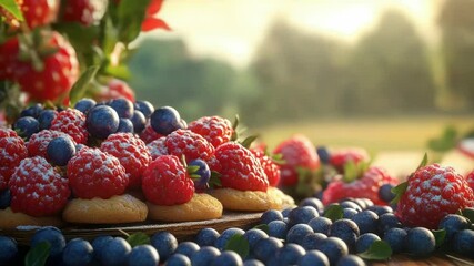 Aufkleber - A colorful arrangement of fresh blueberries and raspberries on a table, perfect for snacking or as a decorative centerpiece