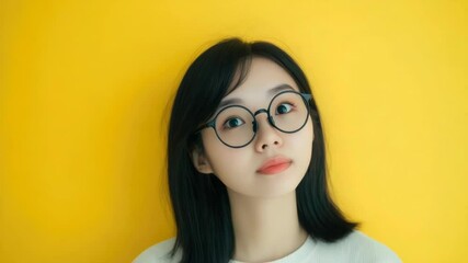 Poster - A woman wearing glasses and a white shirt, suitable for education or office use