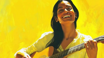 Poster - A woman sitting with her acoustic guitar, playing a song