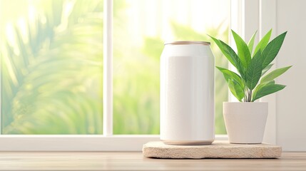 Leinwandbilder - White Aluminum Drink Can Mockup on Wooden Surface with Plant