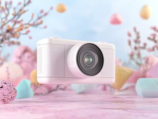 Poster - White Camera Floating Above Pastel Geometric Shapes
