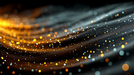 Poster - Abstract golden light streaks with bokeh particles on dark wavy background for festive and celebratory design projects and elegant modern technological visuals