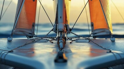 Poster - Close-up view of a sailboat's bow with ropes and lines