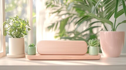 Leinwandbilder - Wooden Tray Display with Succulents and Plants in Sunlight