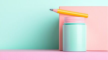 Leinwandbilder - Yellow Pencil on Mint Jar and Coral Box on Pink Surface