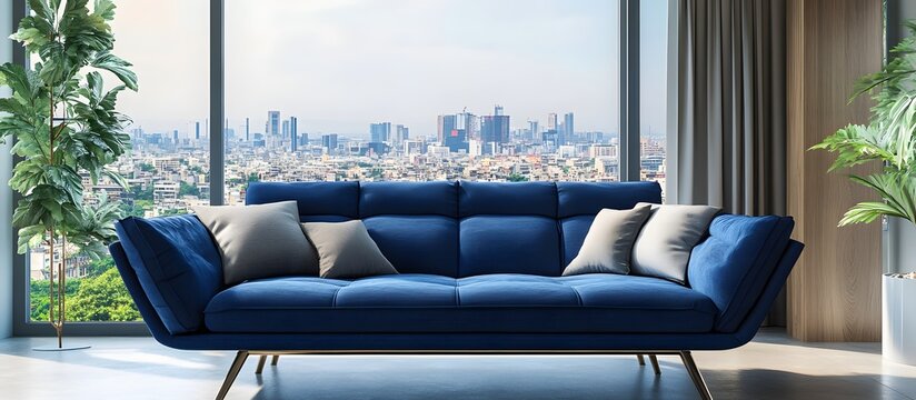 Modern living room with blue sofa and city view. 3D Rendering , mirroring soft innovation