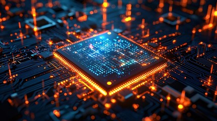 Aufkleber - 輝くオレンジ色の光を放つ青いチップを持つ黒い回路基板のクローズアップ