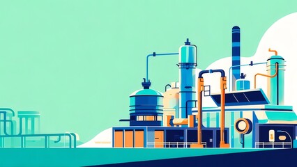 Aufkleber - 簡素化された青と緑の工場施設のイラスト 産業インフラの技術的な背景