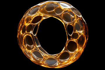Poster - abstract golden sphere with cellular structure and reflective surface isolated on black background p