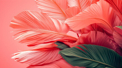 Wall Mural - coral pink tropical leaves, vibrant background, studio shot, ideal for design