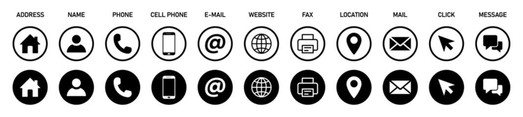 Business contact information icons set. Business contact information icons set. Address, phone, email, website, location, message, fax, mail, click flat circle icon design for web and apps.