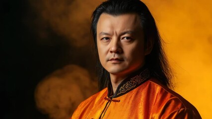 Poster - A person with long black hair wearing an orange shirt, suitable for use in a variety of contexts including fashion, music, or art
